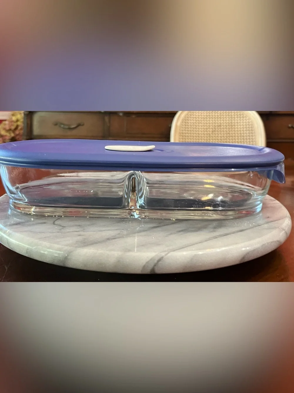 VTG Pyrex 8301 Oval Divided Glass Food Storage Dish & Blue Vented Lid 8301VPC